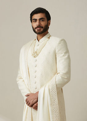 Royal Cream Chikankari Sherwani Set image number 0